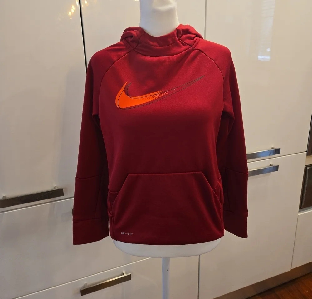 Nike Dri Fit Womens Running Workout Red Hoodie with Orange Swoosh Size Medium